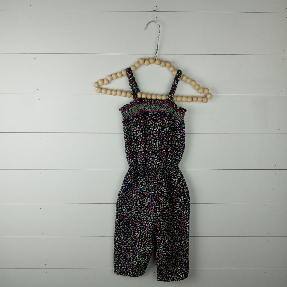 Cherokee girls size 3T ruffle smock small floral pant romper navy blue white